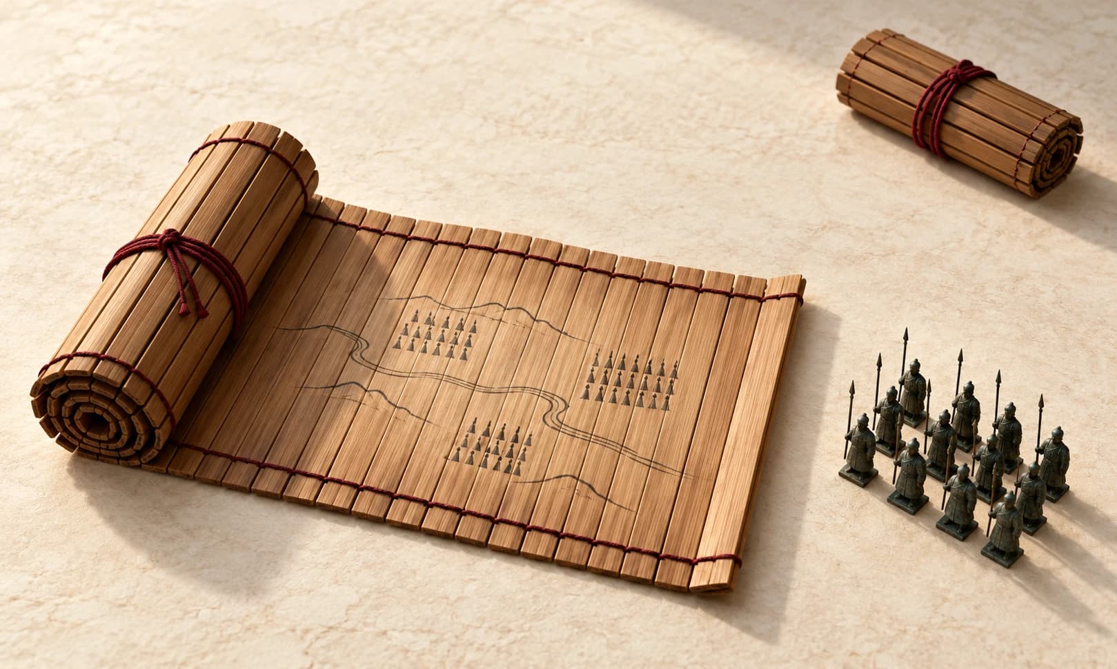 An opened bamboo military dispatch with an ink diagram, a small formation of bronze soldiers, and a closed report tied with red cord.