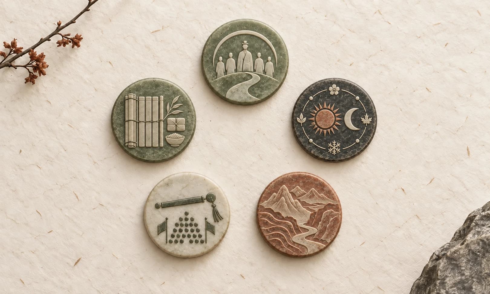 Five stone medallions in a ring, clockwise from the top: people aligned around a shared path, the sun, moon, and seasons, mountain terrain, a commander above an ordered formation, and organized records with provisions