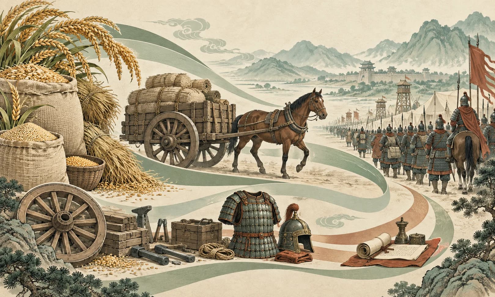 Grain and fodder loaded for a campaign, with a supply cart, horses, soldiers, chariots, and military equipment