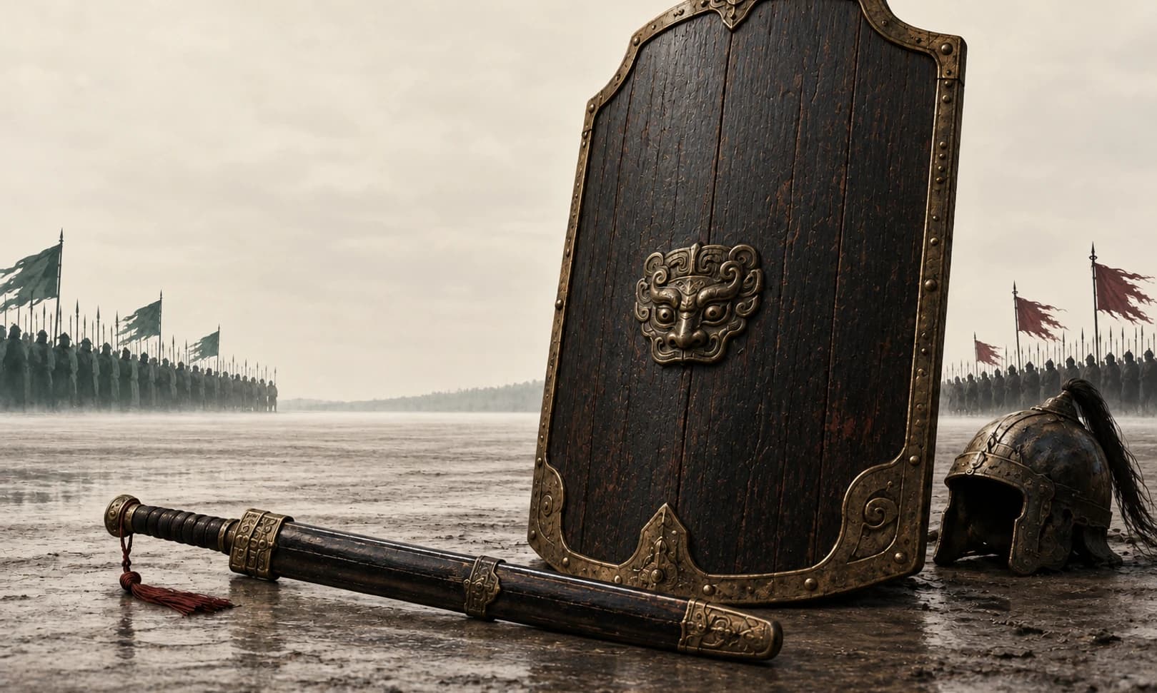 An opaque lacquered shield and a sheathed sword stand before two opposing formations on a quiet battlefield.
